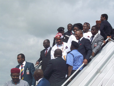 Governor Akpabio with former Governors Idongesit Nkanga and Victor Attah, as well as Senator Ibokessien and other stakeholders on the aircraft I